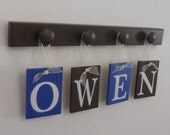 Baby Nursery Wall Letter Sign Set - 4 Wooden Pegs Chocolate Brown and Blue Personalized Names for your Boys Bedroom Wall - OWEN