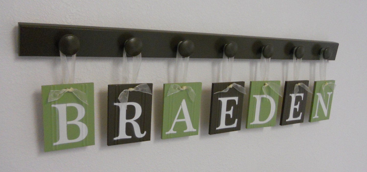 BRAEDEN Personalized Babies Name Sign Includes 7 Wooden Pegs Chocolate Brown and Light Green. Simple Bedroom Decorating Ideas