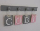 Pink and Gray Nursery Baby Girl Personalized Gifts - Baby Girl Name - COBI - 4 Wood Hooks Grey and Soft Pastel Pink