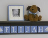 Nautical Sailboat Nursery Decor Sign 30" Shelf - 8 Wood Wall Letters Painted Baby Blue and Brown - ELIJAH (sailboat)