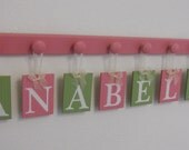 Baby Room Decor Nursery Art Letter Names ANABELLA with 8 Wooden Hooks Pink and Green