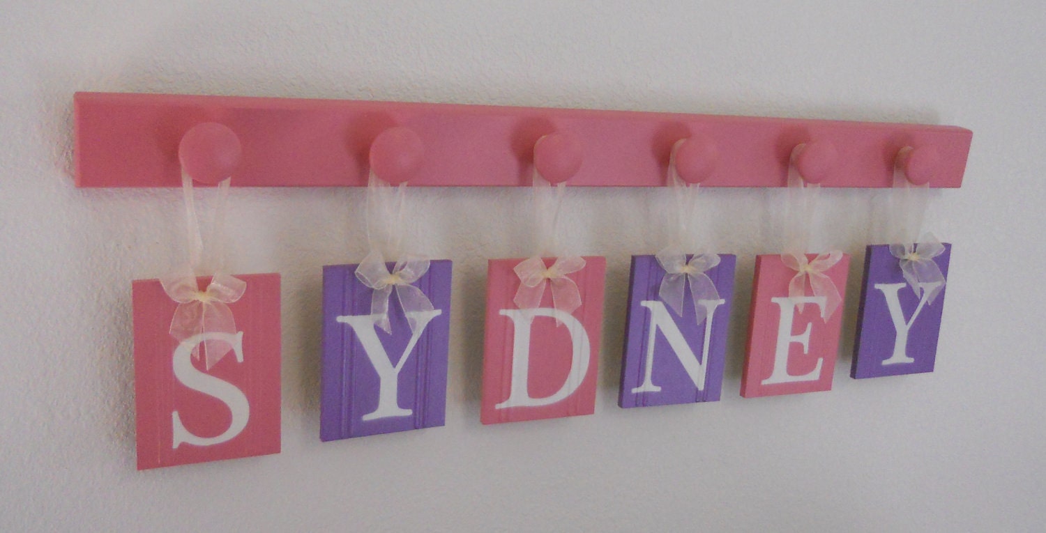 Purple and Pink Baby Name Wall Hanging Custom Sign Set Includes Letters SYDNEY 6 Wooden Hangers in Pink and Purple