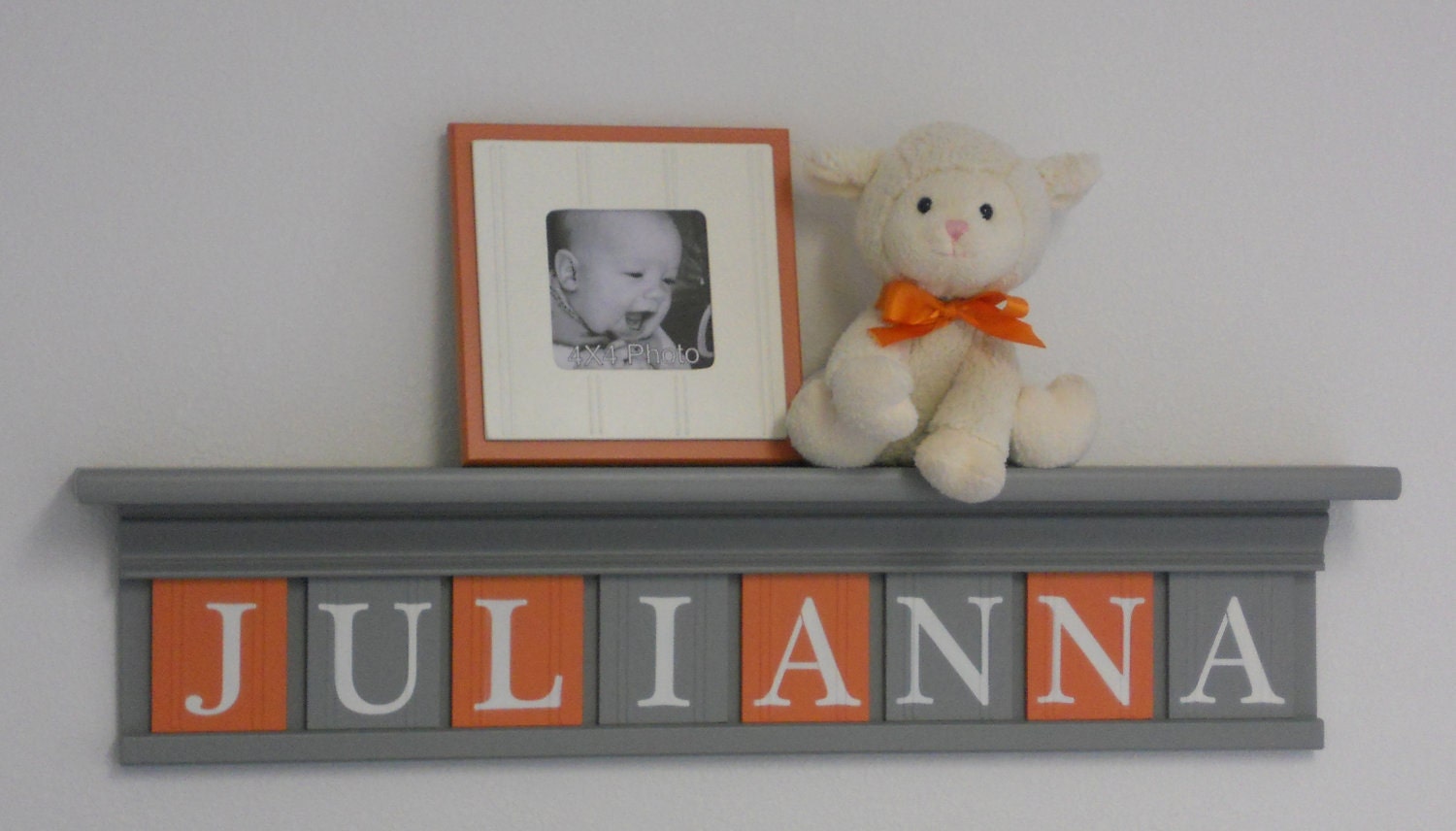 Orange Gray Baby Girl Name Sign Nursery Decor 30" Shelf With 8 Letter Wall Plaques Orange and Grey - JULIANNA