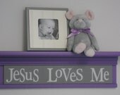 Purple and Gray Baby Nursery - Jesus Loves Me - Sign on 24" Shelf Lavender Christian Wall Art for Nursery