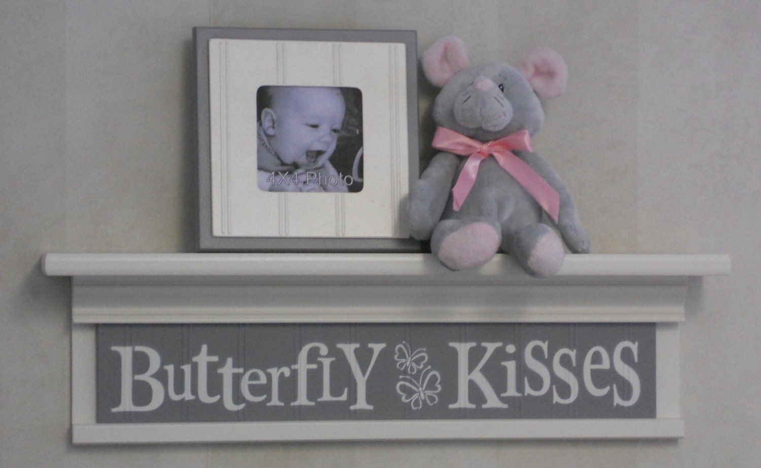 Gray Nursery - Butterfly Kisses - Sign on 24" Shelf Grey Children Wall Art Nursery Decor