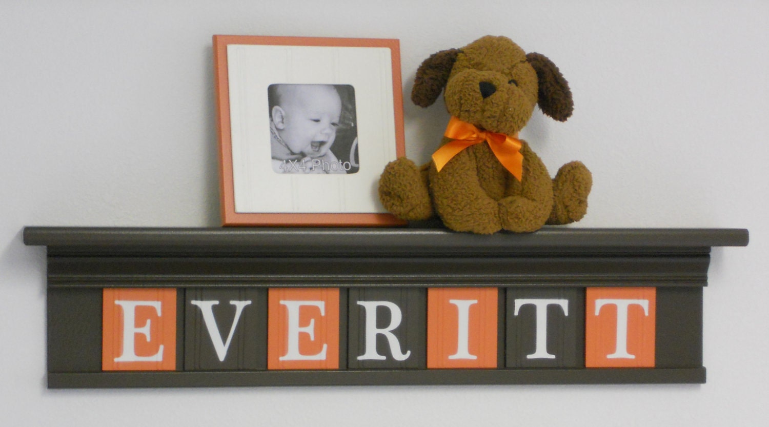 Orange and Brown Baby Boy Nursery Wall Decor  - Custom Name - EVERITT on 30" Shelf - 7 Letter Wooden