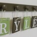 Chocolate Brown and Green Baby Nursery Wall Letters Custom Set includes Name RYLEND and 6 Wooden Pegs
