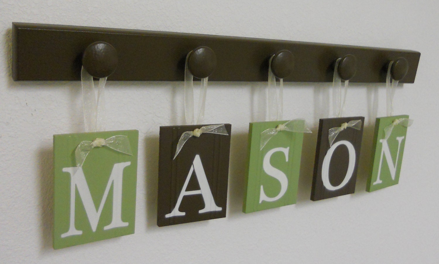 Nursery Decorations Wooden Letters. Set Includes 5 Hangers and Custom Baby Name MASON Painted Light Green and Brown. Personalized Baby Gift