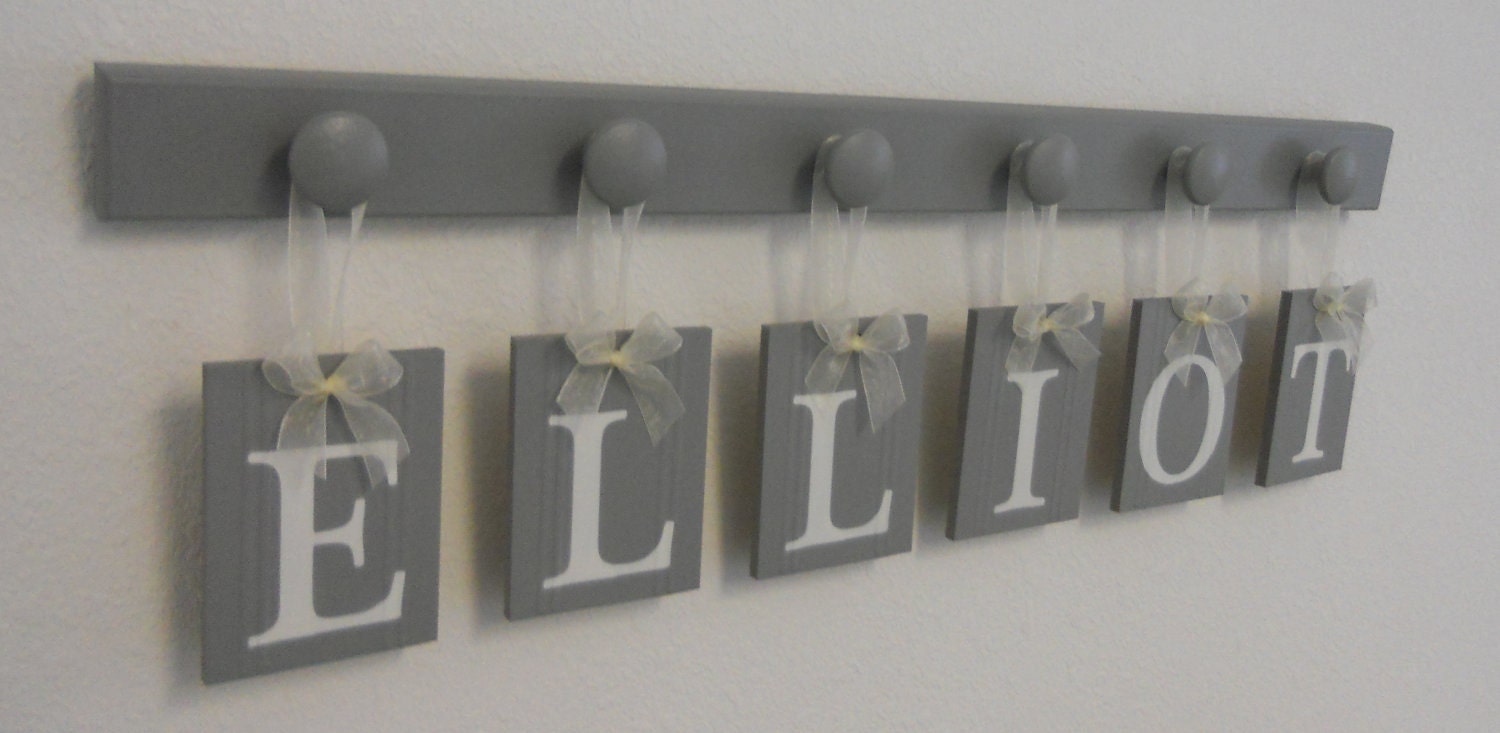Gray Nursery Wooden Wall Letters Sign Set Includes 6 Wooden Pegs in Light Gray. Personalized Hanging Ribbon Letters for ELLIOT