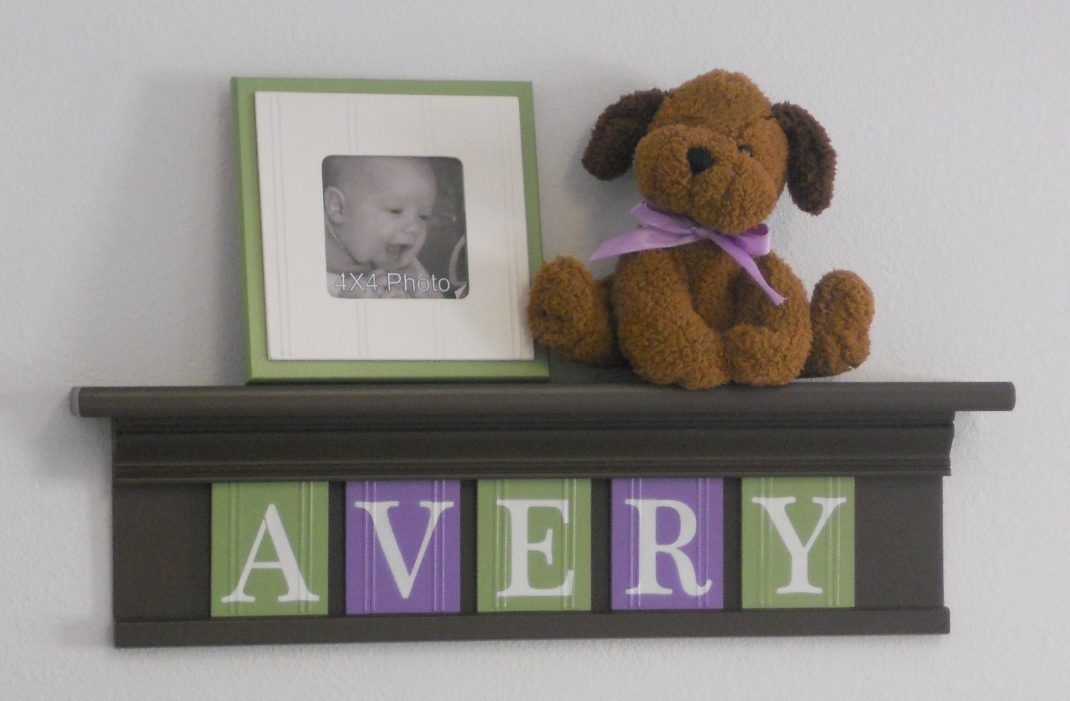 Children's Decor - Nursery Decor 24" Shelf With 5 Wooden Letters Plaques Chocolate Brown, Purple and Green - AVERY