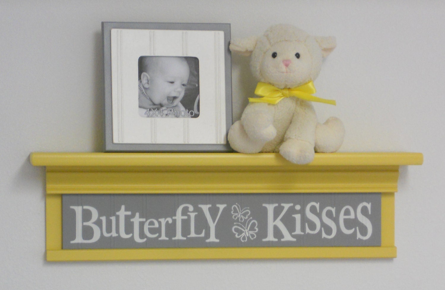 Yellow Gray Baby Nursery - Butterfly Kisses Sign on Grey 24" Shelf - Baby Wall Art Butterfly Decor