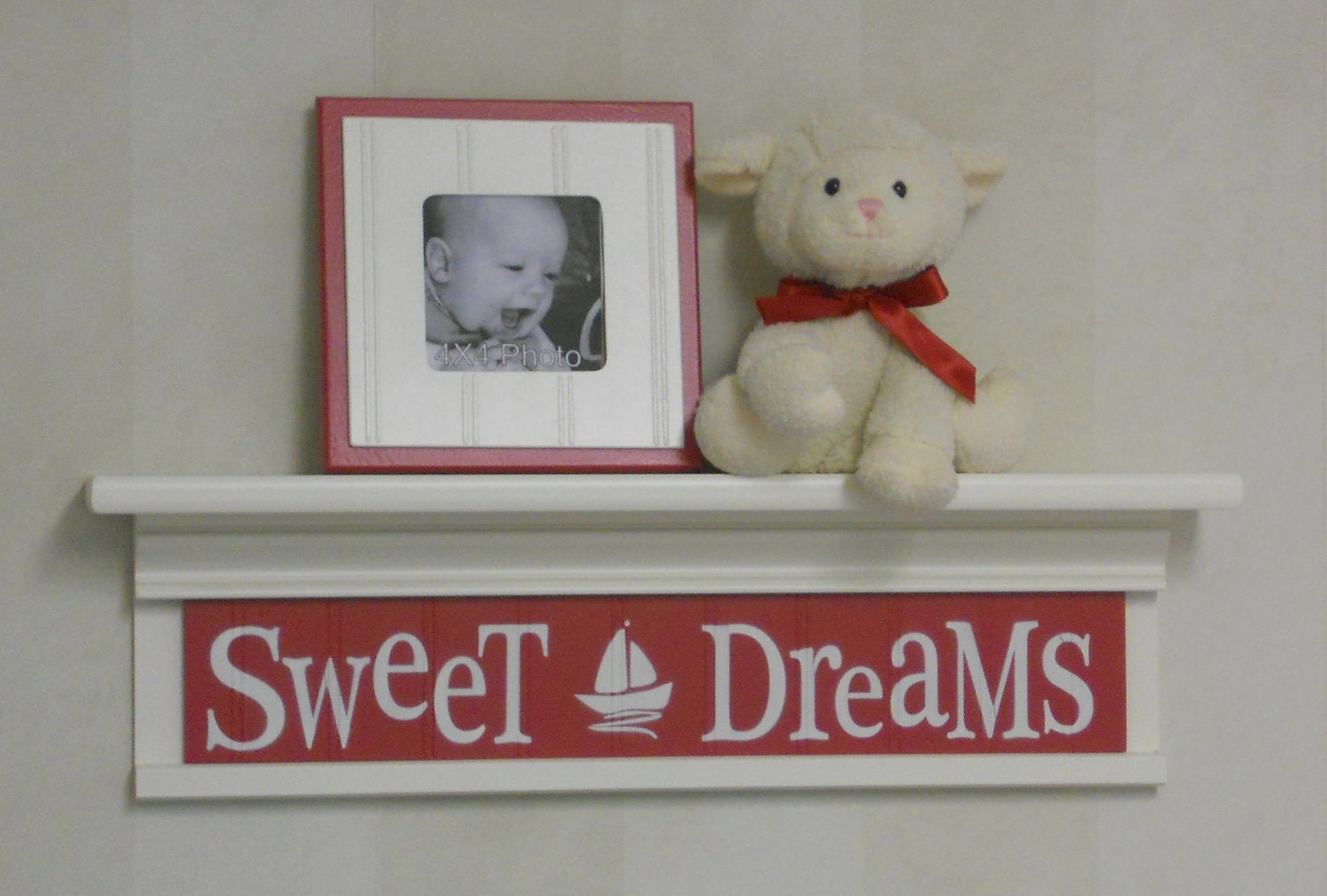 Red Sign - Sweet Dreams on 24" Shelf Linen White and Red Sailboat Nursery Wall Art