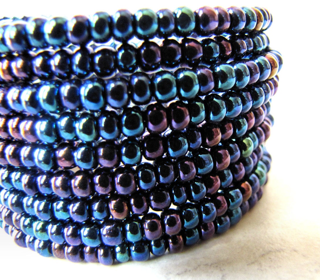 Blue Bracelet Memory Wire Purple Metallic Peacock Czech Glass Midnight Bracelet BellinaCreations Bellina Creation