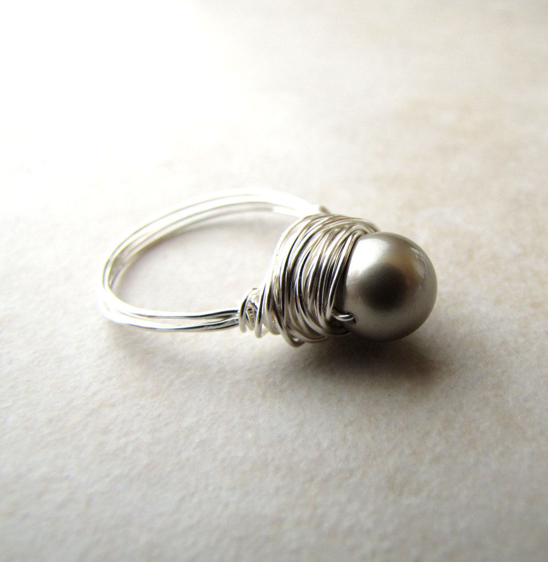 Pearl Ring Platinum Pearl Silver Wire Wrapped Size 8 BellinaCreations Bellina Creation