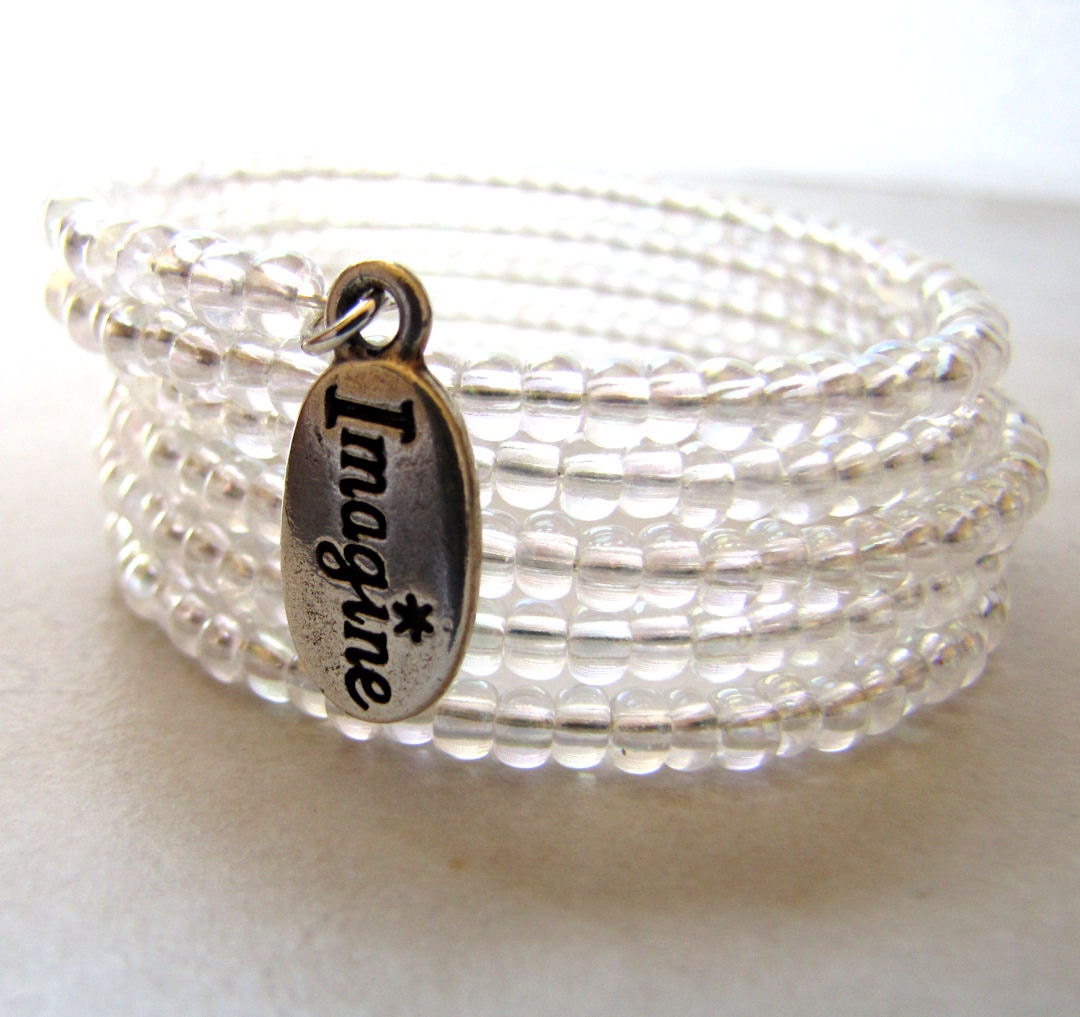 Imagine Beaded Bracelet White Opalescent Bubbles Glass Beaded Memory Wire Bracelet Czech Glass BellinaCreations Bellina Creation