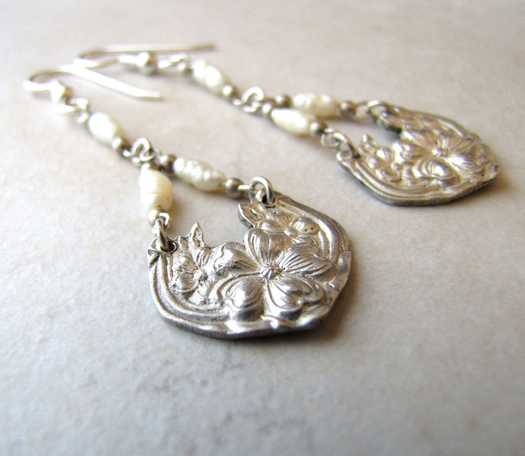 Antique Bridal Earrings Silver Spoon Keishi Pearl Victorian Flower BellinaCreations Bellina Creation