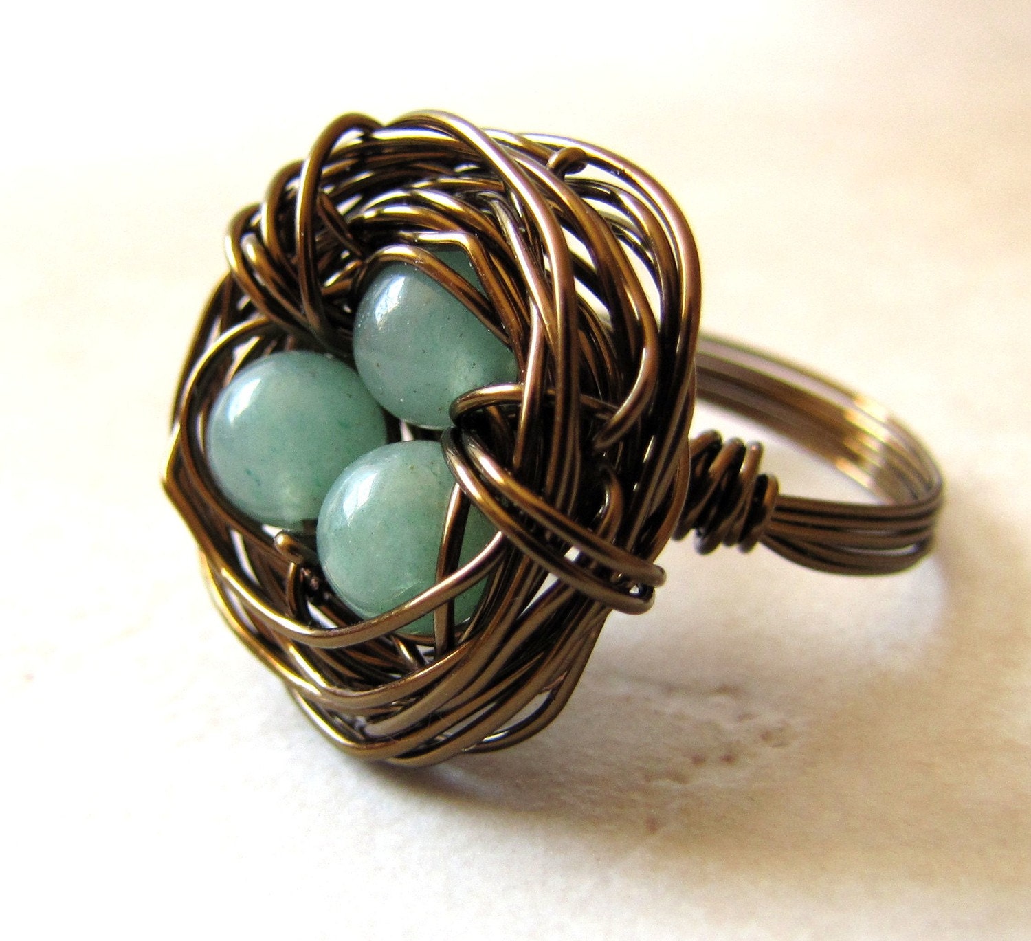 Birds Nest Ring Green Jade Bronze Wire Wrapped