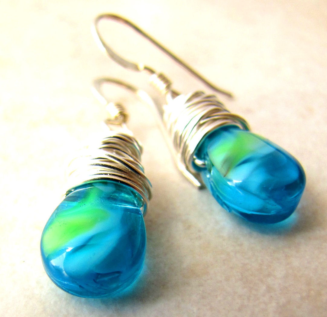 Blue Green Earrings Lampwork Tie Dye Earrings Blue Green Aqua Turquoise Lampwork Glass Tie Dye Wire Wrapped Earrings BellinaCreations