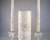 GORGEOUS Wedding unity candle set - 3 candles and 2 candleholders in pearl ivory and white