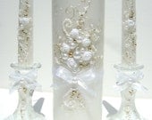 Wedding unity candle set - 3 candles and 2 candleholders, hand decorated with an original design in white, pearl and gold