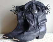 Vintage acme Black Leather Cowboy Boots with Fringe Size 6M