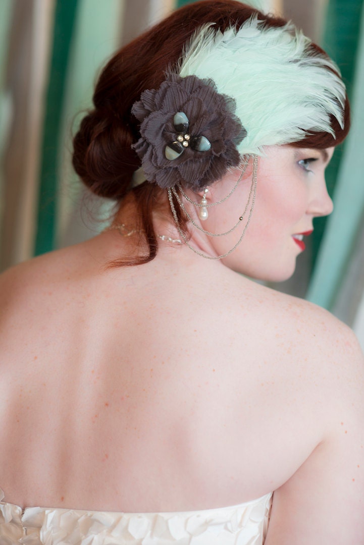 Seafaring Siren Bridal Prom Headpiece Feather Fascinator Mint Green Wedding Headband Flapper Millinery