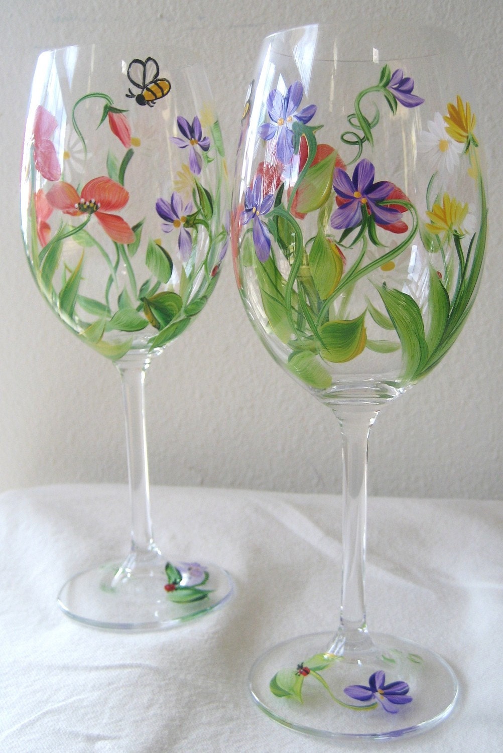 handpainted wildflower wine glass, set of two, shower gift,birthday gift idea