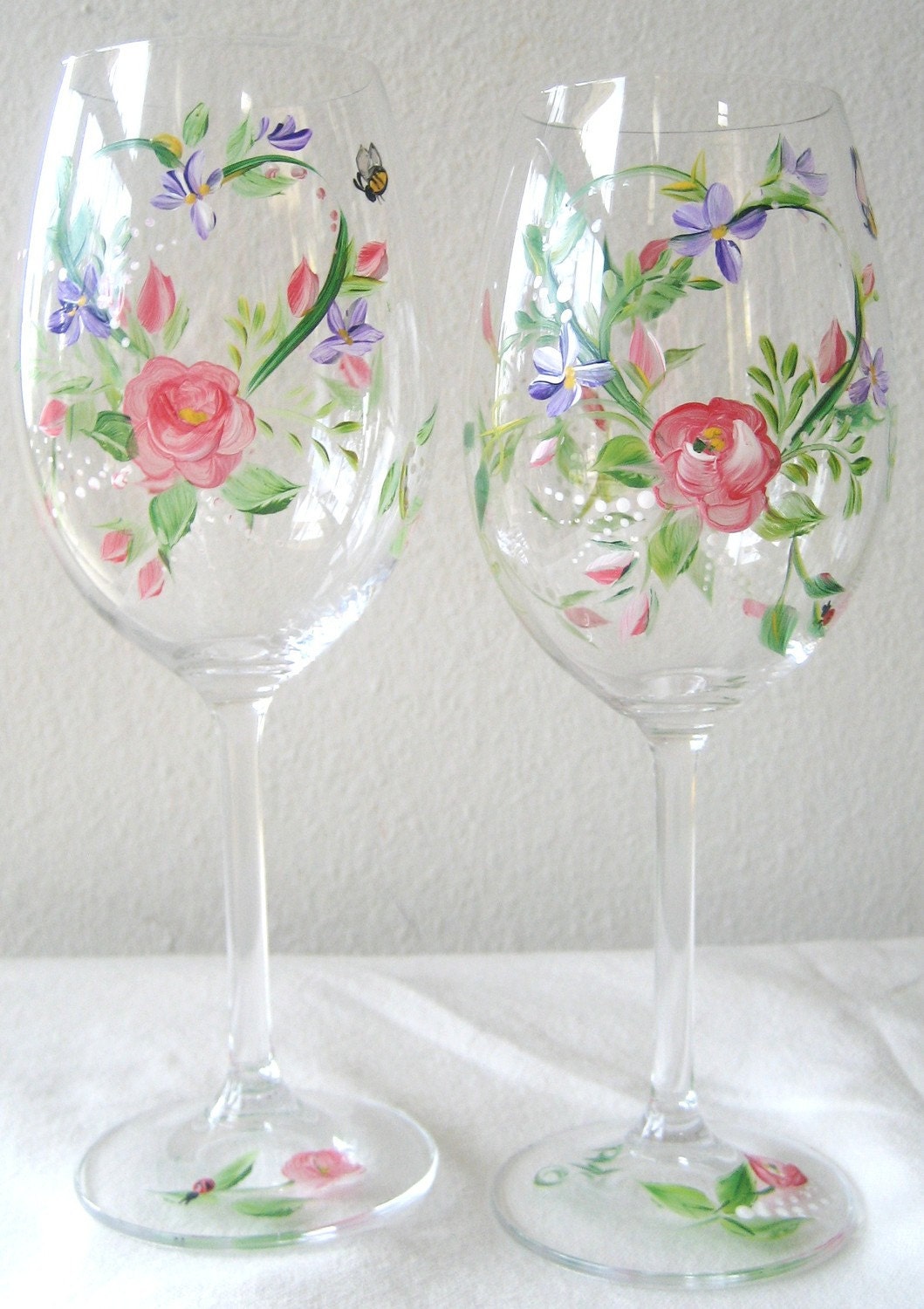 Wedding day, Valentine"s Day  wineglasses, handpainted roses and violets. Set of two