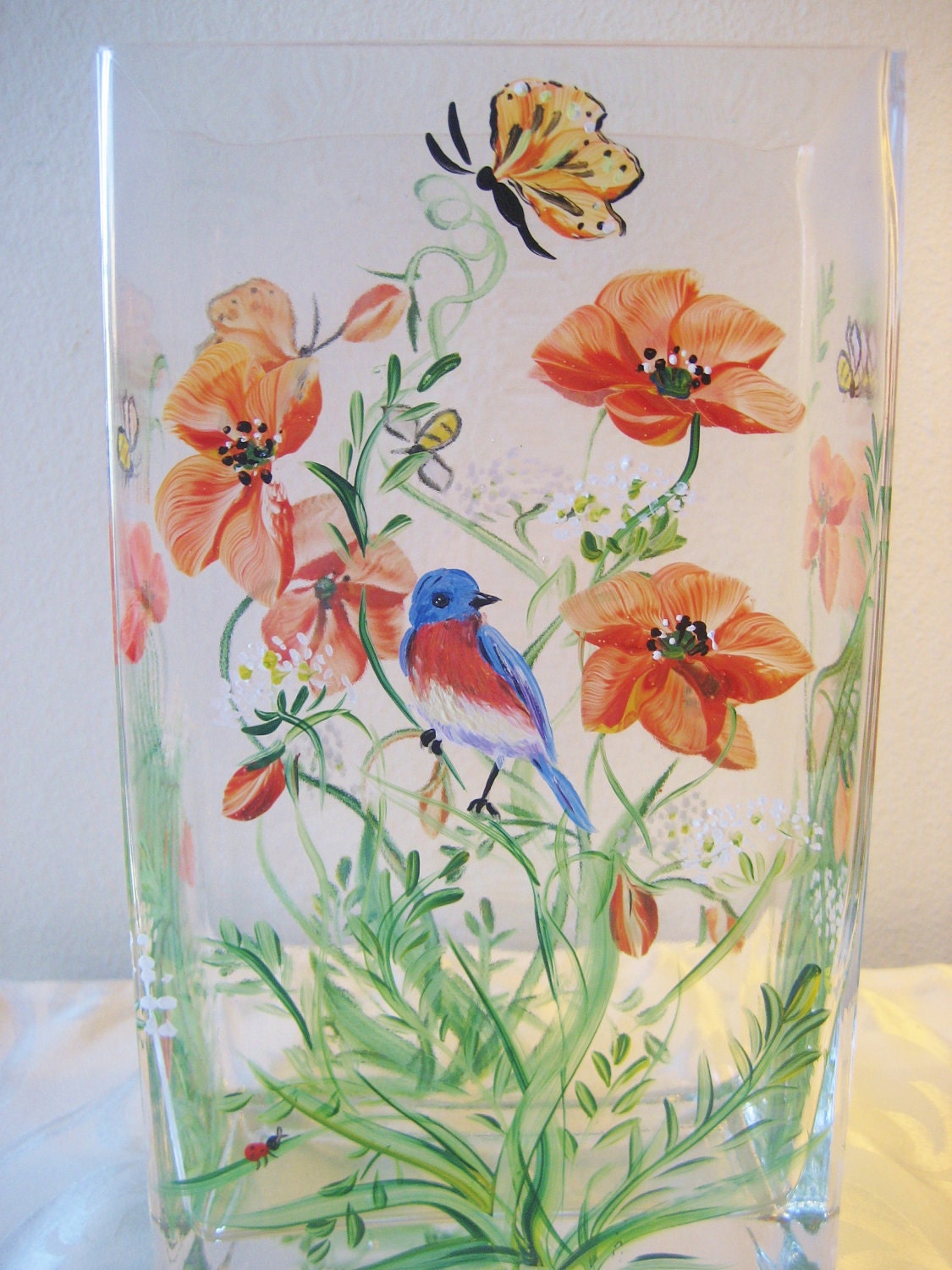 Handpainted vase with bluebird and poppies