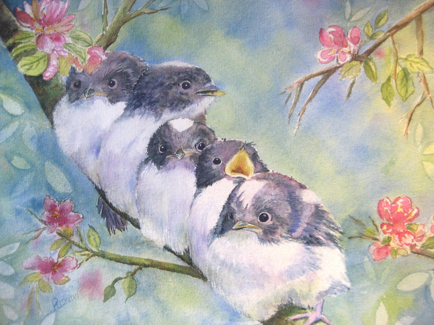 Original painting of baby birds getting ready to fly the coop.