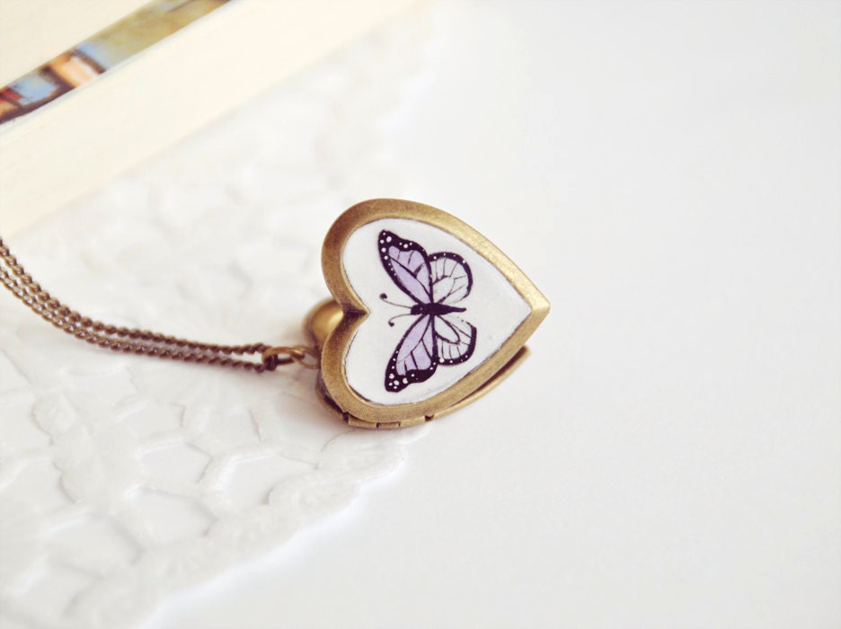 Hand Painted Butterfly Heart Locket Necklace with Original Miniature Watercolour Painting - Made to Order