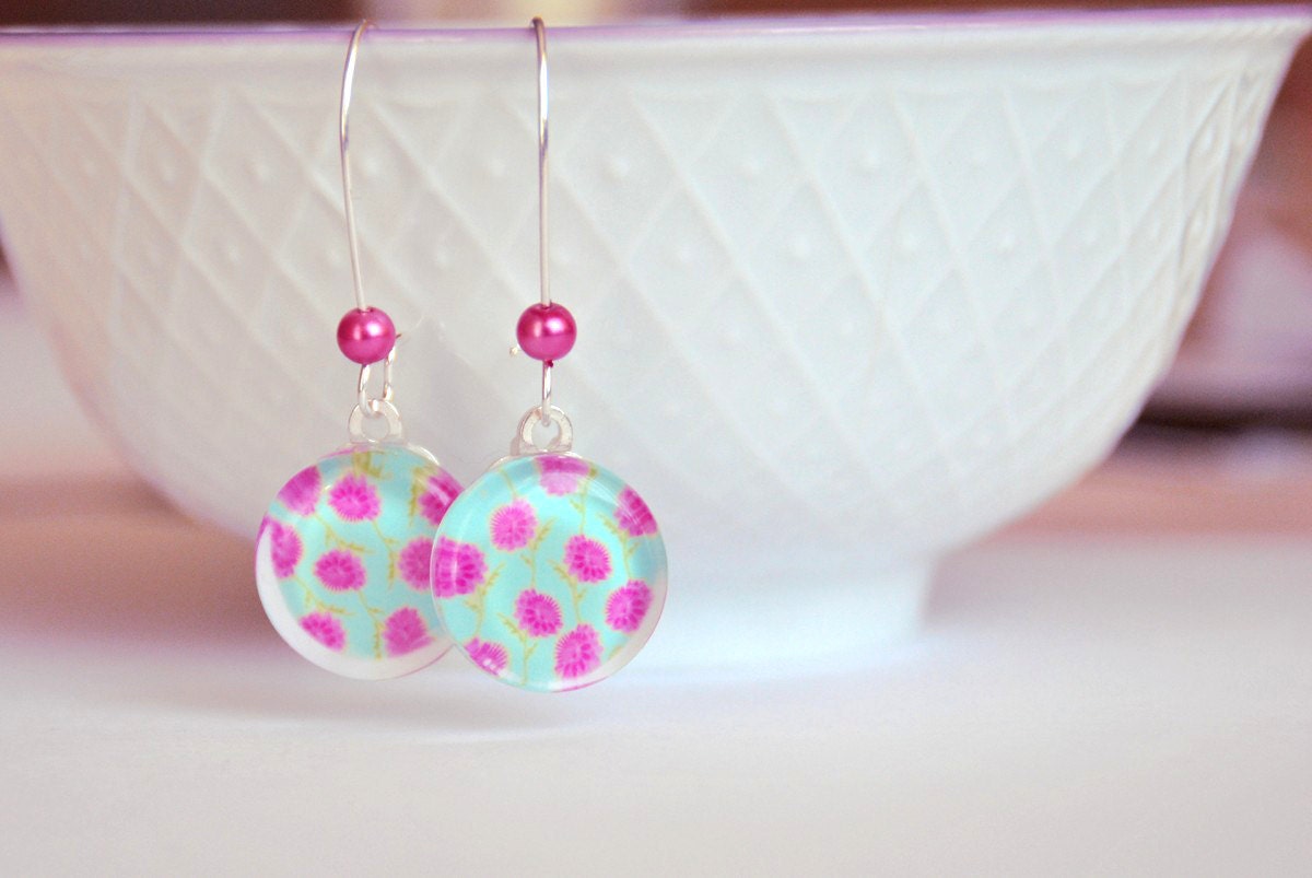 Colourful turquoise ocean with pink flowers earrings