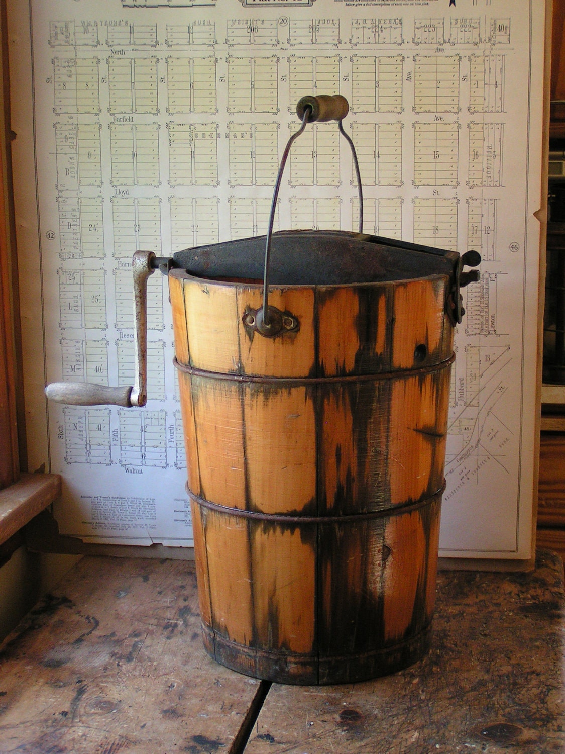 Vintage Ice Cream Maker with Natural Wood Bucket by CopperAndTin
