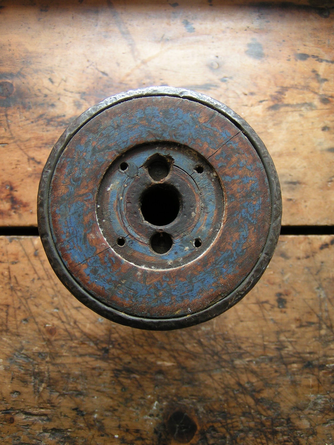 Vintage Large Industrial Yarn Spool with Rustic Blue Paint