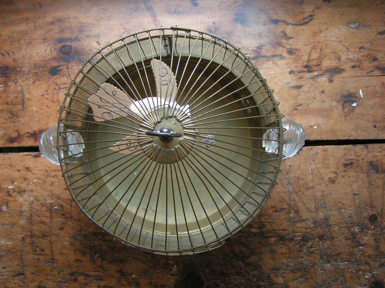 Vintage Round Brass Hendryx Birdcage with clear glass feeders