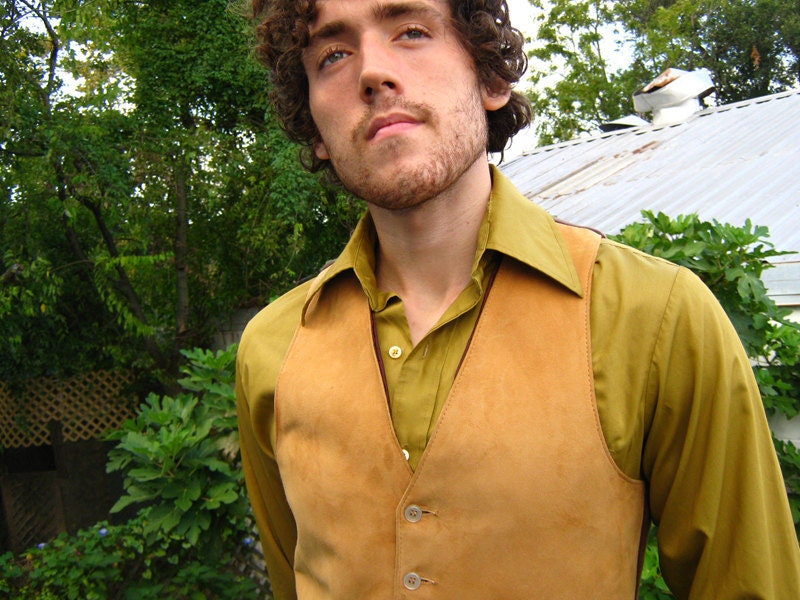 40s 50s Men's Vintage Vest Waistcoat soft suede wool knit back small medium
