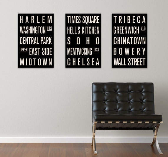 New York Neighborhoods COLLECTION of 3 Subway Sign Prints. Bus Scrolls. 12 x 18