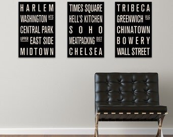New York Neighborhoods COLLECTION of 3 Subway Sign Prints. Bus Scrolls. 12 x 18