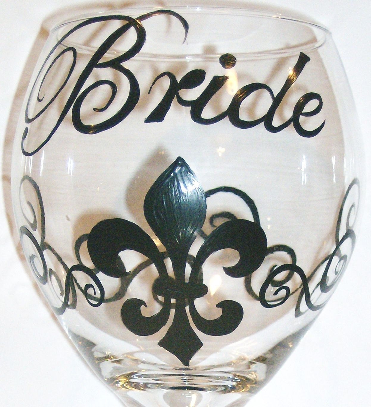 Hand Painted Bride Wedding Fleur de Lis Wine Glass