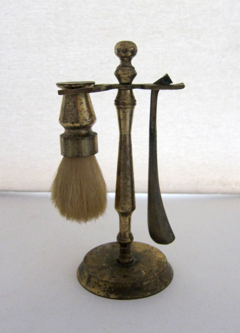 Vintage retro brass bathroom shaving set and stand