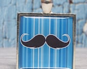 Mustache on Blue Stripes - 1 inch Square Pendant with Free Ball Chain or Keyring (510)