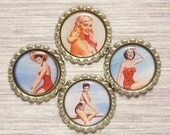 Vintage Pin-Ups - Set of 4 Handmade Flattened Bottle Cap Magnets (3008)