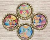 Watercolor Owls - Set of 4 Handmade Flattened Bottle Cap Magnets (3012)