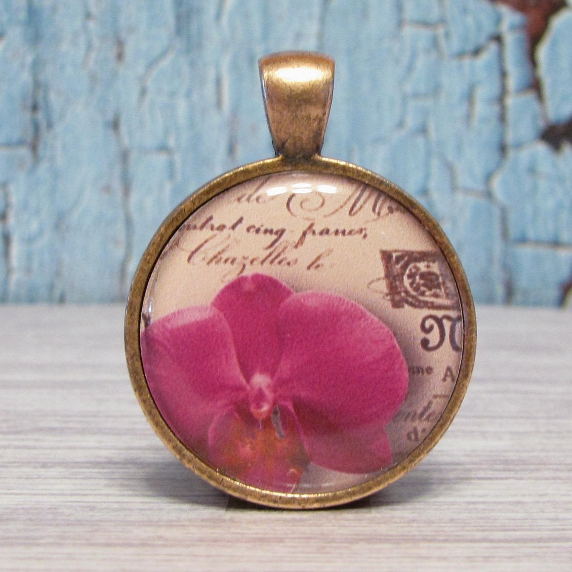 Flower On A Vintage Postcard 2 - 1 inch Circle Pendant with Free Ball Chain or Keyring (1139)