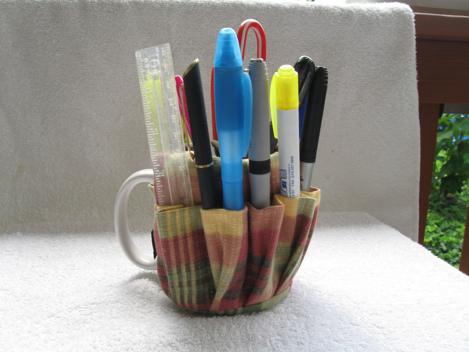 Tan, Green & Red Plaid Tool - Craft - Pencil Organizer/ Holder - Holds 9 items outside and Center Holds Alot