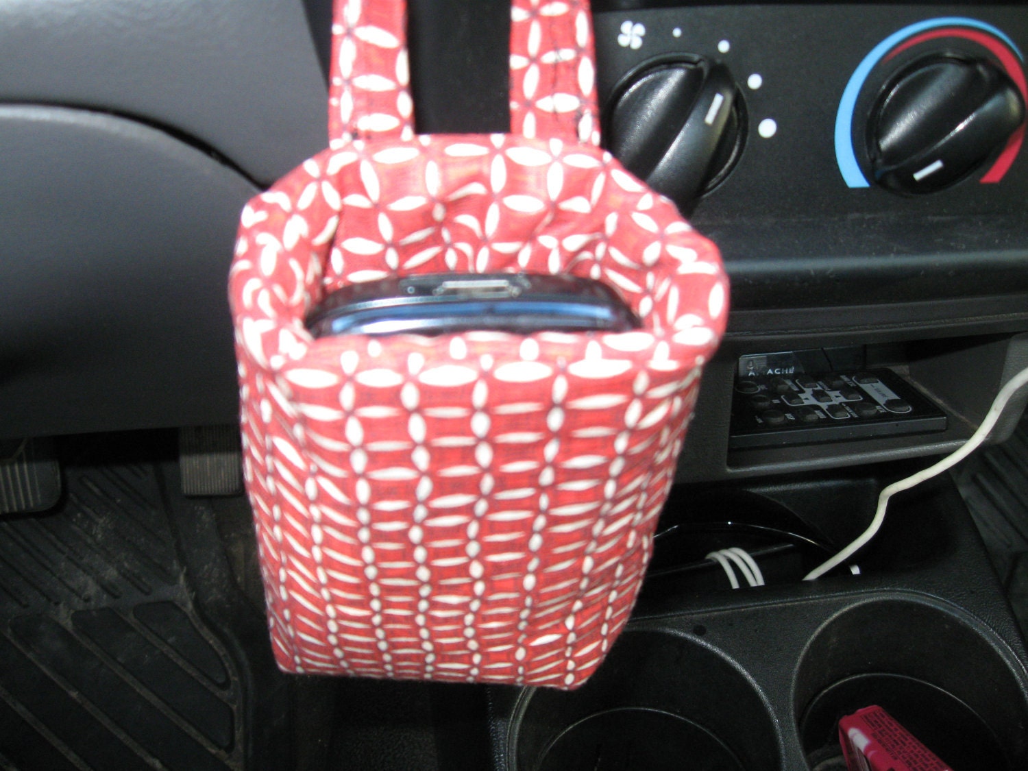 IPod Pocket, Telephone or Sunglass Holder Pouch Burnt Orange Print for in your Car at your desk