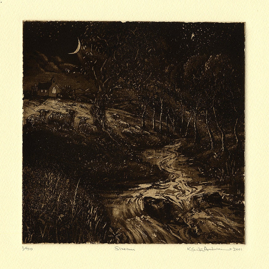Moon Stream - etching and aquatint hand pulled by the artist Keith Andrew