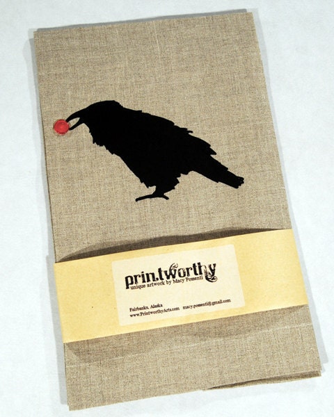Linen Kitchen Towel with Raven, natural brown