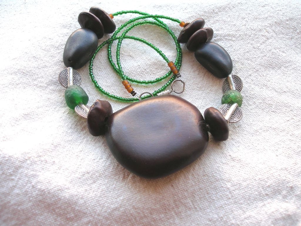 African Recycled Green Glass Silver color disk Seed Long Necklace by Fianaturals on Etsy