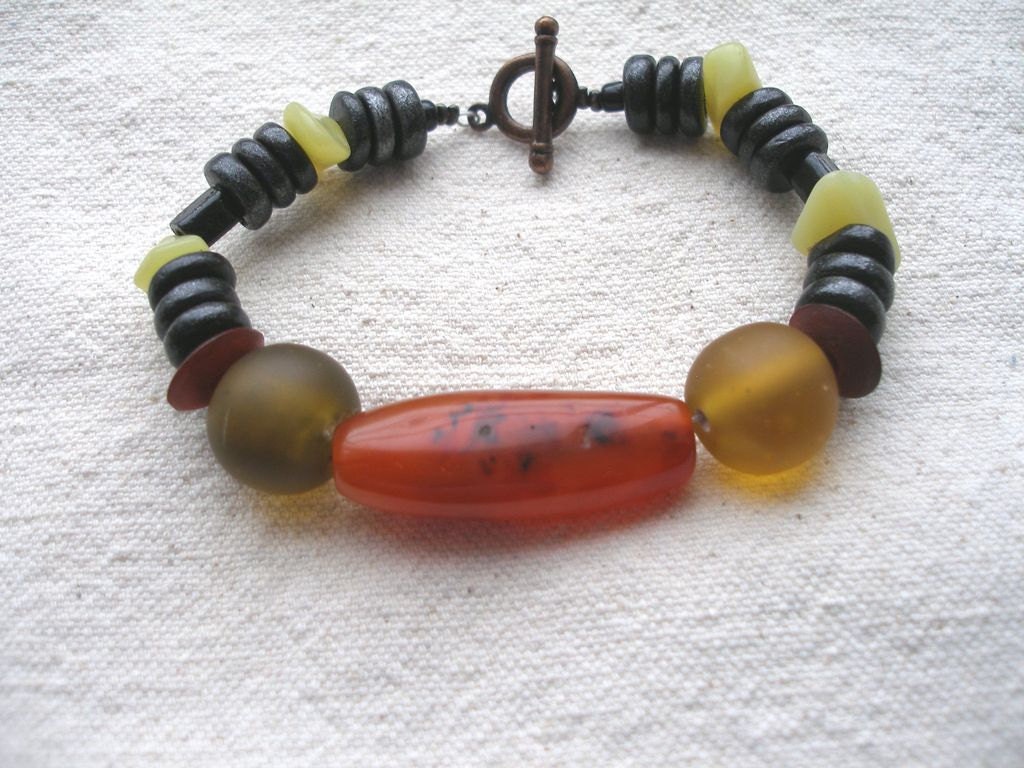African Carnelian Tribal wood glass jade bracelet by Fianaturals